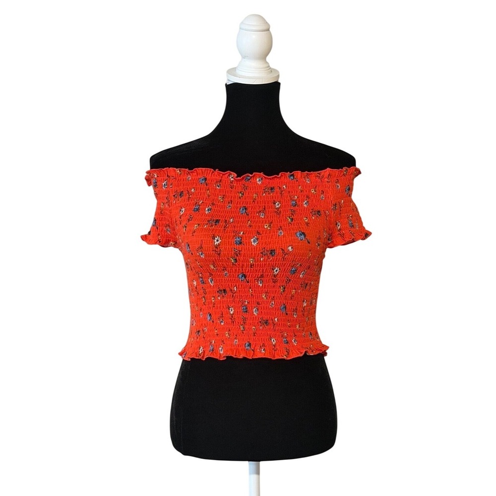 IRIS Smocked Off Shoulder Crop Top Sm Smoked Coral Red Floral Boho Cottagecore
